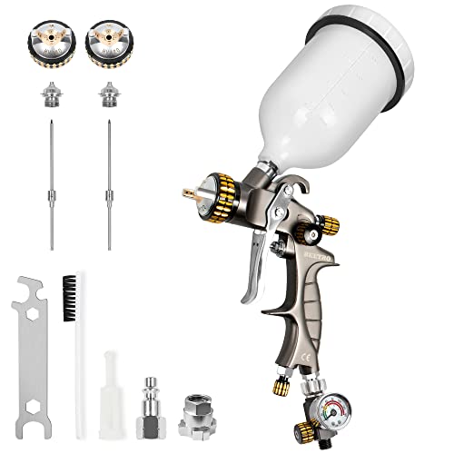 BEETRO HVLP Air Spray Gun, 600ml Capacity 14.5CFM 30-43psi 1.4mm/1.8mm Nozzles Stainless Steel with Type 2 Adapter Air Control Valve and Filter Professional Gravity Feed Sprayer Automotive