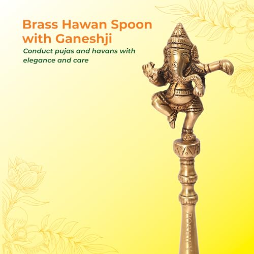 Image of Brass Hawan Spoon with Ganeshji on Top - for Puja, Hindu Puja Essentials, Hawan Spoon, Pooja Thali Accessories, Puja Room Decor, Spiritual Decor, Meditation Accessories - 1001