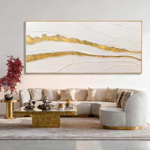 Image of VAYIMDH White and Gold Oil Painting Wall Art Abstract Wall Decor Line Hanging Art 32 inchx70 inch Large Artwork for Living Room Decorative Pictures for Office