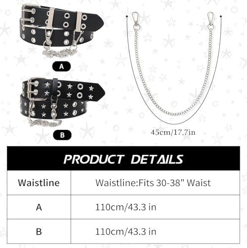 Women's & Men's Y2K Belt Star Double Grommet with Chain Goth Genuine Leather Rock2