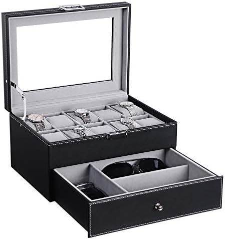 BEWISHOME Watch Box Organizer with Valet Drawer - Real Glass Top, Metal Hinge, Large Holder, Black PU Leather - 10 Slots Watch Storage Case Jewelry Box for Men SSH14B