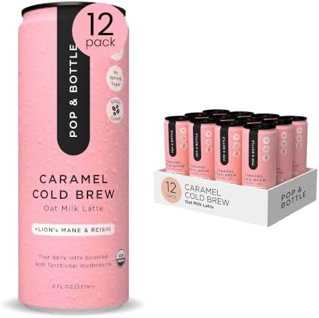 Pop & Bottle - Oat Milk Lattes with Lions Mane and Reishi | 12 Pack (8 oz) Caramel | MCT Oil, Single Shot Cold Brew, Mushrooms + More | Organic, No Dairy, No Gluten, Lightly Sweetened with Dates