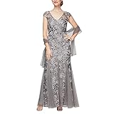 Long Fit and Flare Dress with Illusion V Neckline and Cap Sleeves Stretch Embroidery with Sequin Detail Godet Detail Skirt Includes Matching Shawl Center back length: 57.25"