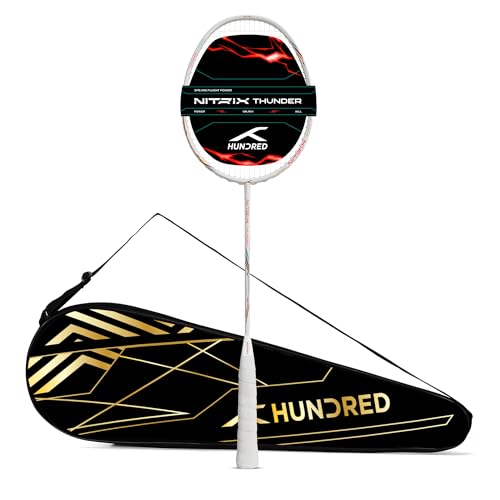 Hundred Nitrix Thunder (Strung) Badminton Racket with Full Cover | 4U | ≤32 lbs | Every Shot: Powerful, Precise & Relentless | Superlite Carbon Fibre | Curve² Frame | Graphite Lab Build (White/Green)