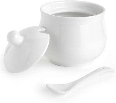 Porcelain Sugar Bowl with Lid and Spoon,7 OZ Ceramic Salt Storage Jar,White Seasoning Container for Home and Kitchen,White