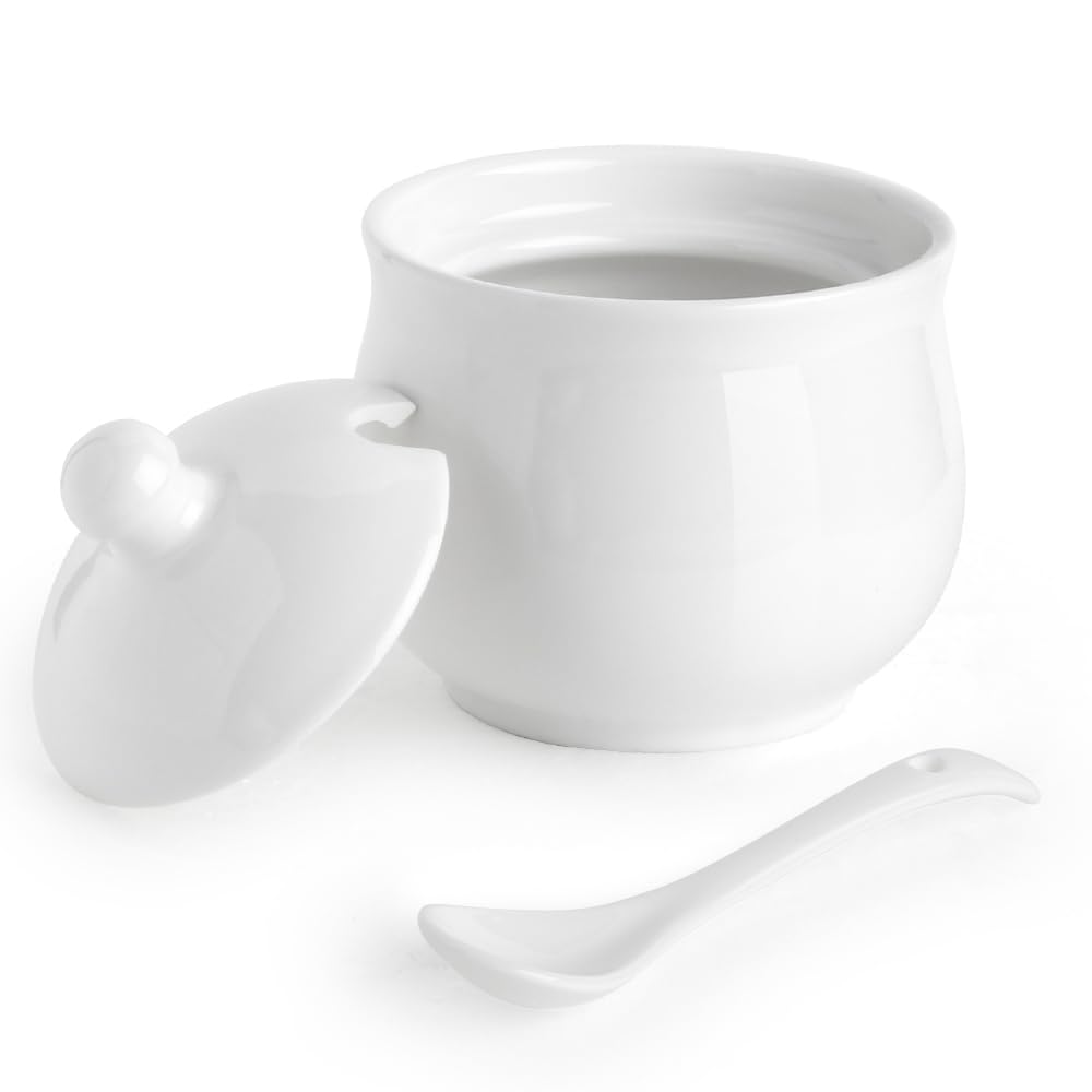 Cyimi Porcelain Sugar Bowl with Lid and Spoon,7 OZ Ceramic Salt Storage Jar,White Seasoning Container for Home and Kitchen,White