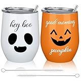 Suttmin 2 Sets Halloween Insulated Wine Tumbler Good Morning Pumpkin Cute Holiday Drink Cup Stainless Steel Insulated Tumbler with Lid, Straw and Brush for Hot and Cold Drinks Birthday Gift, 12 oz
