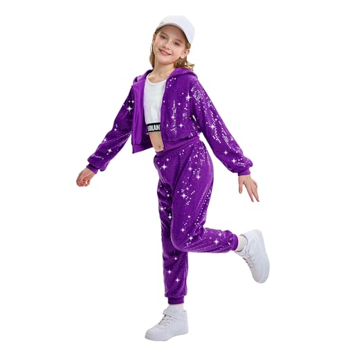Image of LOLANTA 2Pcs Girls Dance Outfits Cropped Sequin Jacket Pants Set, Kids Hip Hop Dance Costumes for 80s 90s Party 5-15 Years
