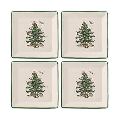 Spode Christmas Tree Tidbit Square Plates (Set of 4) - Festive 5-Inch Ceramic Plates for Canapés, Sweets, and Desserts - Dishwasher, Microwave, Freezer Safe - Excellent for Holiday Entertaining