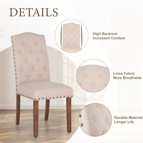 ALPHA HOME Tufted Dining Chairs Set of 2, Linen Fabric Diner Chairs Upholstered Padded Modern Dining Room Chairs with Button Back Wooden Frame Stylish Kitchen Chairs, Beige - Image 6