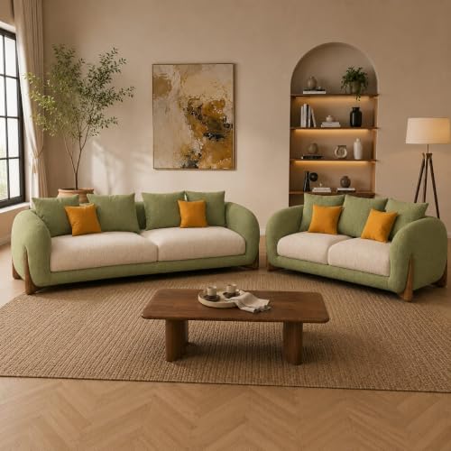 Image of Modern Dual Shade Sofa, Teddy Boucle Fabric, Chesterfield Style, Wooden Legs, for Living Room, Bedroom, Hallways (3+2 Seater, Olive+Off White)