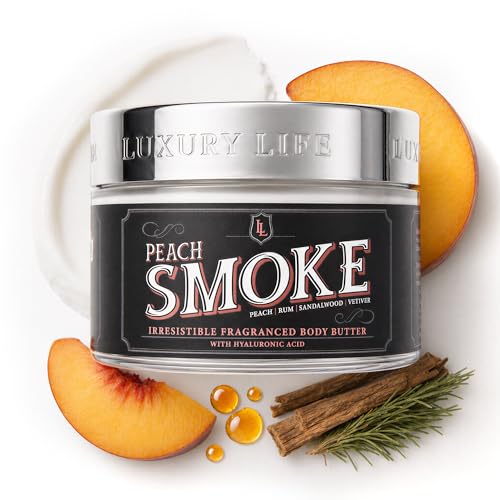 LUXURY LIFE BUTTER - Irresistibly Scented Body Butter with Hyaluronic Acid for Ultimate Moisture. Luxurious Natural Fragrance. Hydrates for a Non-Greasy Glamorous Glow, Peach Smoke, 5 oz.