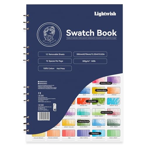 LIGHTWISH プレミアム水彩色見本ブック - 100% コットン製 300gsm 細目紙 取り外し可能シート 12 枚（72 色スペース付）、391×269mm、水彩・ガッシュ・油性パステル用 - スパイラルバインド式 カラーテストジャーナル アーティスト用スケッチパッド