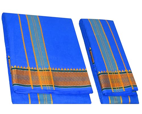Image of TUNI MANI Men's Panchakacham Dhoti with Angavasthram with Zari Border, Cotton, Size: 9 X 5 (4.0mtr Dhoti, 2.25mtr Towel)