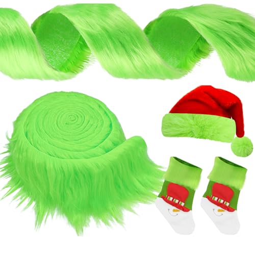 Vellibring 4x100 Inch Christmas Faux Fur Ribbon Craft Fur Strips Fake Fur Rolls Green Long Plush for DIY Christmas Costume Gnome Beard Santa Claus Hair Xmas Tree Decor Family Party Supplies