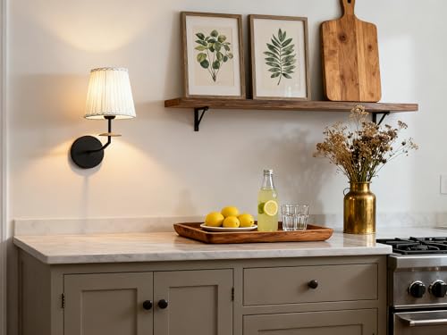 Image of Yosoan Retro Boho Beige-White Gauze Fabric Shade Wall Sconce Set of 2, Vanity Vintage Industrial Black Indoor Hardwired Champagne Bronze Flared Fabric Shade for Bedroom Hallway Living Room