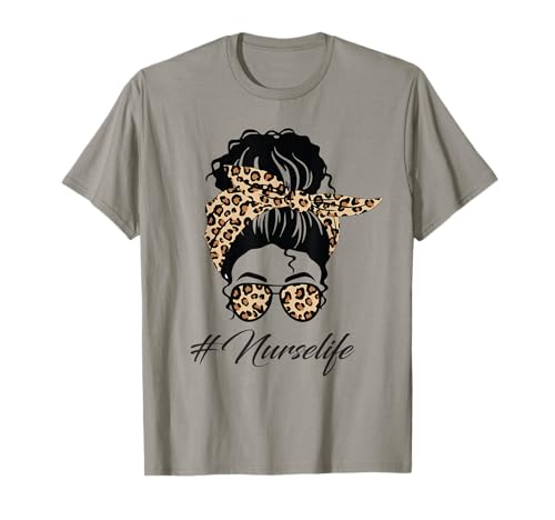 Leopard Nurse Life Funny Messy Bun Gafas de pelo para mujer Camiseta