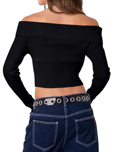 REORIA Womens Y2k Trendy Off The Shoulder Double Zip Up Fall Long Sleeve Cropped Pullover Sweaters Tops4