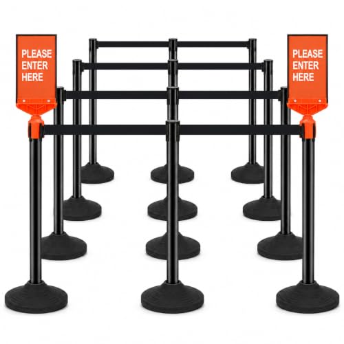 Image of 12 Pack Stanchions with Retractable Belts - Heavy Duty Crowd Control Barriers with Weighted Rubber Base, 10FT Retractable Belt Stanchions for Queue Line, Events, Public Safety(Black,12 Pack)