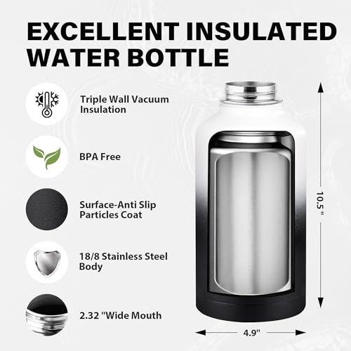 Image of Insulated Water Bottle 64 oz, Triple Wall Vacuum Stainless Steel Water Bottles (Cold for 48 Hrs), Leak Proof & Non-BPA, Half Gallon Water Flask Jug Wide Mouth Straw Lid & Spout Lid