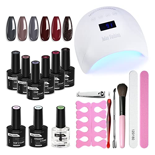 Jofay Fashion Coffin classy Grey Dark sparkly Red colors gel nail polish kit with uv Light Lamp starter kit professional Base and Top coat