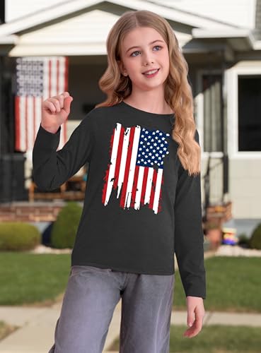 Image of Ithalt 4th of July Outfit Kids Girls American T Shirt USA T-Shirt Fourth of July Tops Patriotic Long Sleeve Tops