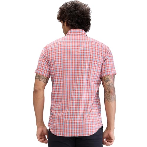 Image of Colorplus Men's Regular Fit Checks Pattern Pure Cotton Plain Collar Half Sleeve Casual Shirt