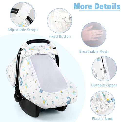 Image of Car Seat Cover Baby, HNHUAMING Muslin Cotton Carseat Covers for Babies Girls Boys Summer Infant Car Seat Covers Canopy, Cozy Newborn Carseat Covers Stroller Cover with Breathable Mesh Window, Dinosaur