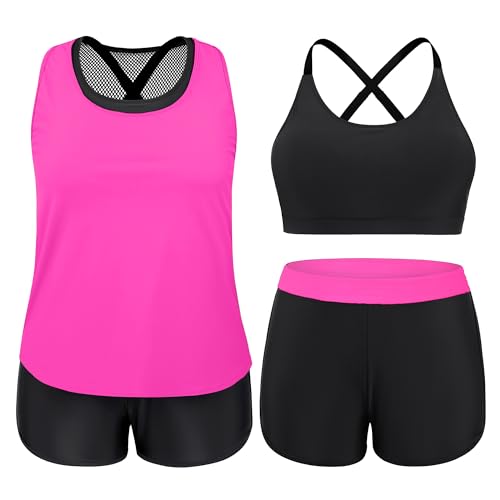 NIeyook Womens Swimsuit Plus Size Tankini with Boyshorts Tummy Control 3 Piece Swimwear Athletic U Neck Modest Bathing Suits Hot Pink 24 Plus/6XL3