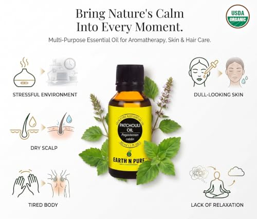 Image of Earth N Pure Patchouli Essential Oil | 100% Pure & Natural | Undiluted | For Diffuser, Aromatherapy, Skincare, Hair Care & Perfume Making | Deep Earthy Aroma | 30ml