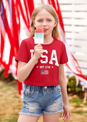 Image of BesserBay Kids Girls 4th of July Crop Tops American Flag Red White Blue Patriotic Bows USA Flag T-Shirts 6-14 Years
