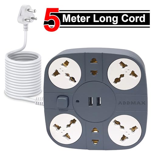 Image of ADDMAX Extension Board with USB | 6 Power Sockets, 2 USB Ports + 1 Type-C Port | 5 Meter Heavy Duty Cord | 10A 220V Multi Plug Extension Cord | Fireproof Power Strip for Home, Office & Laptop - Grey
