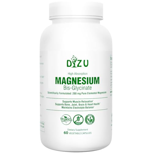 Dizu Magnesium Bisglycinate 200mg - Supports Sleep, Muscle Relaxation, Bone & Heart Health - Magnesium Glycinate Blend with Glycine & Oxide for Energy Metabolism & Brain Function - perfect Magnesium supplements for Men and Women, 60 capsules