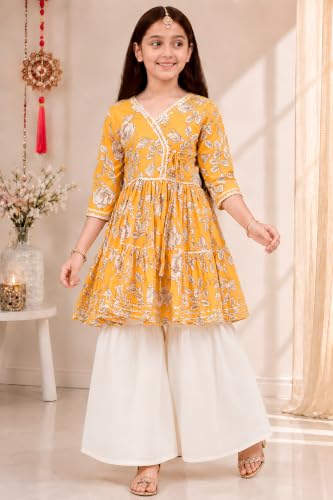 Image of Preneum Girl's Cotton Rayon Floral Printed Angrakha Kurta with Sharara & Dupatta