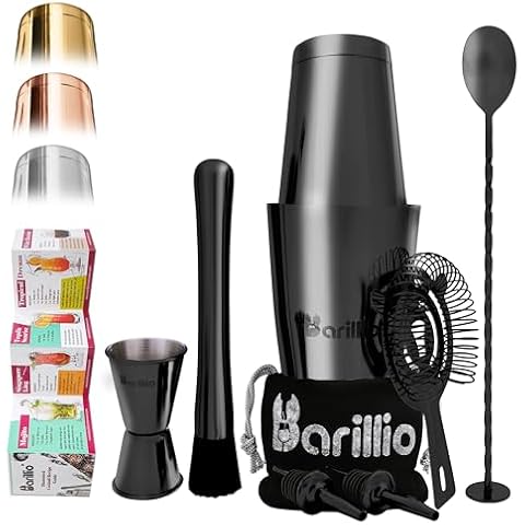 Barillio Black Boston Shaker Set - Stainless-Steel, Weighted Martini Cocktail Shaker Set w/Strainer & Mixer - Mixology Bartender Kit - Bar Set for The Home - 9-pc Drink Shaker Set - Bar Tools Cover