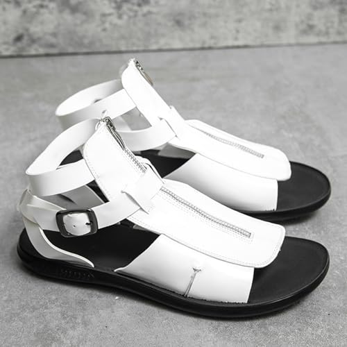 Men's Leather Sandals Black Gladiator Beach Sandal Ankle Strap Design with Buckle Front Zipper Outdoor Arch Support Non-slip Sandals3