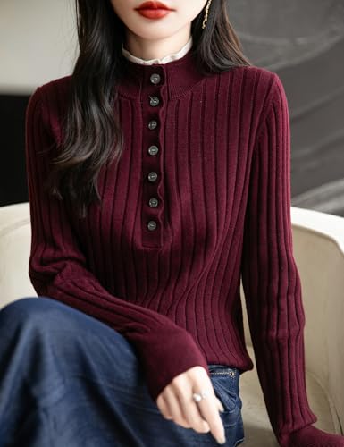 Women's Merino Wool Blend Sweater 2025 Fall Winter Fake Two Piece Color Block Stand Collar Long Sleeve Knit Pullover3