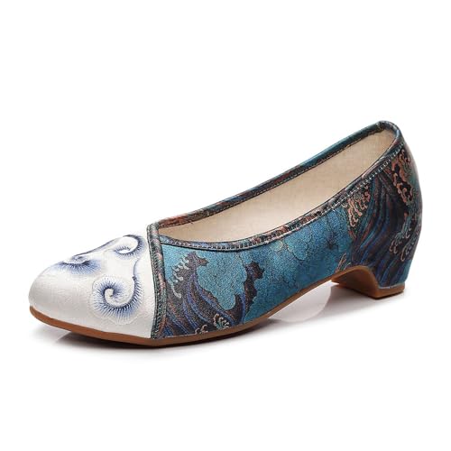 Floral Handmade Embroidered Shoes for Women Retro Classic Mary Jane High Heels Shoes Pointed Toe Slip On Loafers Comfort Ballet Flats Cheongsam Shoes