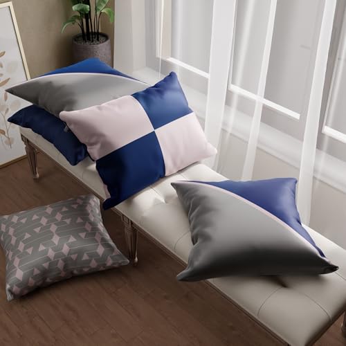 Image of Stoa Paris Cushion Covers for Home, Digital Printed Pillow Covers Set of 5, Throw Cushion Covers for Bed, Sofa, Home Decor - Mystique Blue, Blushing Pink, Harbour Mist Grey