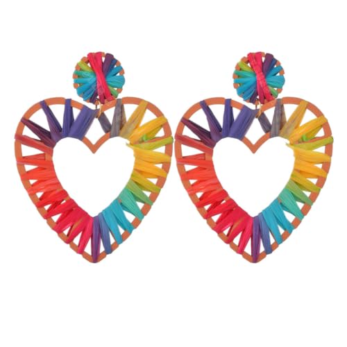 Image of Young & Forever Boho Rainbow Raffia Earring Pack - Handmade Woven Straw Geometric C-Hoop, Heart & Statement Drop Earrings for Women, Summer Beach Vacation Jewelry