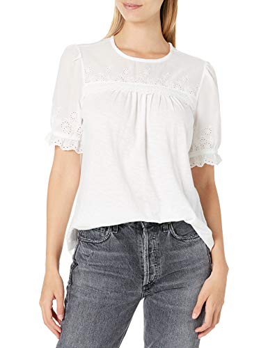 Lucky Brand Women's Short Sleeve Crew Neck Woven Mix Top, Bright White, M