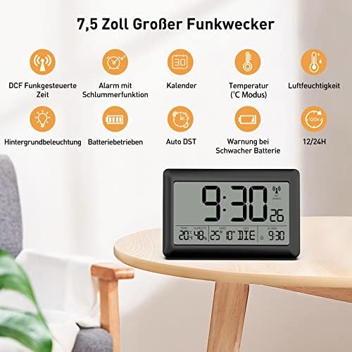 LATEC Wanduhr Digital mit Temperatur- und Feuchtigkeitsanzeige für Zuhause und Büro (20x13x1,2 cm)