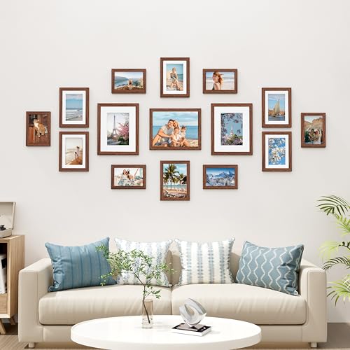 Image of Vittanly 15 Pack Picture Frames Collage Wall Decor, Multi Sizes Including 3pcs 8x10, 6pcs 5x7 and 6pcs 4x6 Photo Frames, Gallery Frame Set for Wall or Tabletop Display, Walnut Brown