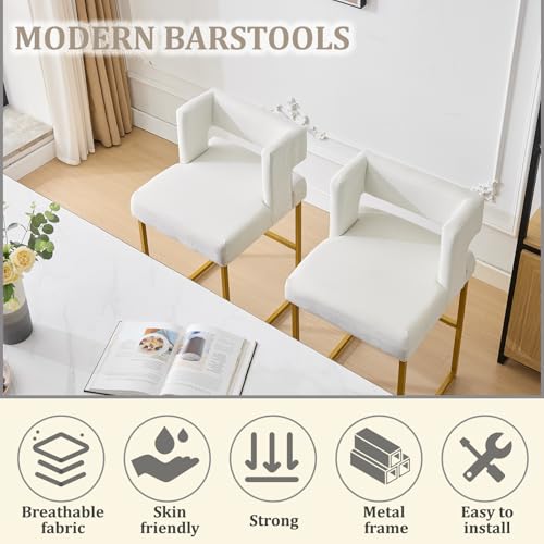 Image of Counter Height Bar Stools Set of 4, White Velvet Bar Chair Gold Leg | 26 inch Seat Height Fits Standard Kitchen Islands, Upholstered Barstools, Back Support, Square Metal Legs, Footrest