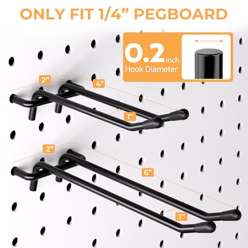 INCLY 4/6 Inch Black Pegboard Hooks, 36 Pack Heavy Duty Double Arm Peg Board Straight Hooks, Peg Board Tool Hangers Fit for 1/4" Pegboard Garage Hanging Tools, Craft Organizing, Kitchen, Store by INCLY - Image 4