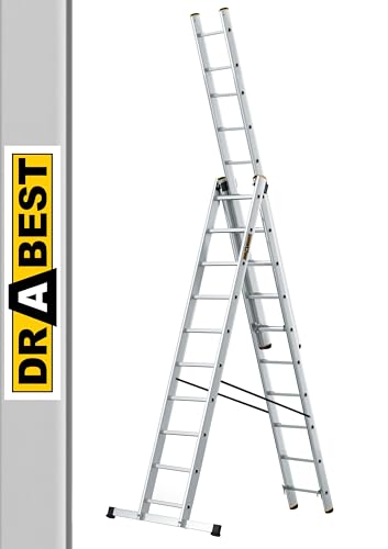 DRABEST Leiter PRO Serie Aluleiter 3-teilig Mehrzweckleiter 3x10 Stufen Leiter Multifunktionsleiter Kombileiter bis 150 kg Beslastbar - Arbeitshöhe 6,31 m - inkl. Eimerhaken