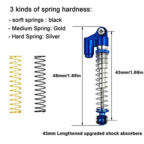 Xsygo Rc Shocks 43Mm Adjustable Absorber Aluminum Rc Shocks With 3 Sets Of Springs For 1/24 Axial Scx24 90081 Axi00001 Axi00002 Axi00005 Axi00006 Rc Car (Blue) #TOP2