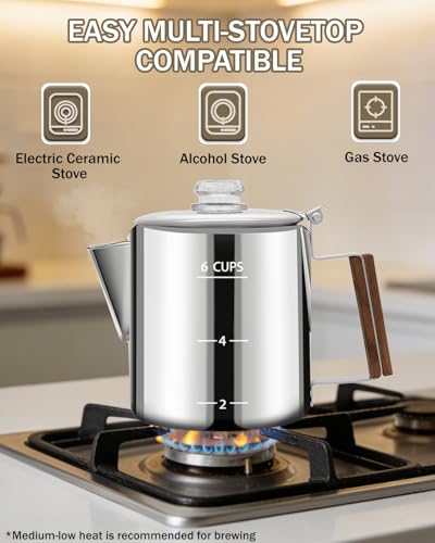 Image of Coffee Maker Coffee Percolator 304 Stainless Steel Pot Stovetop Easy Brewing Even Heating 6 Cup 33.8oz 1000ml Silver Classic Design Heat Resistant Home Camping Outdoor