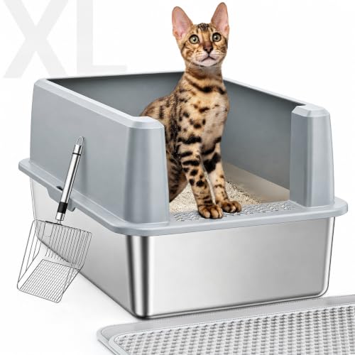 Image of WoofiGo Stainless Steel Cat Litter Box with Lid, XL Extra Large Metal Kitty Litter Box Enclosed for Big Cats, High Sided, Anti-Urine Leakage, Non-Stick Bottom, Include Litter Mat & Metal Scoop (Gray)