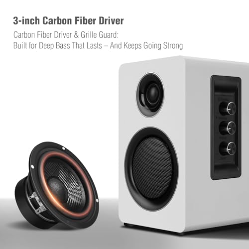 Image of Computer Speakers for Desktop PC, Active Bookshelf Speaker with 3 inch Carbon Fiber Woofer and Silk Film Tweeter, Supports Bluetooth 5.3, USB-C, AUX /RCA Input for Record Player TV - White Stereo Set